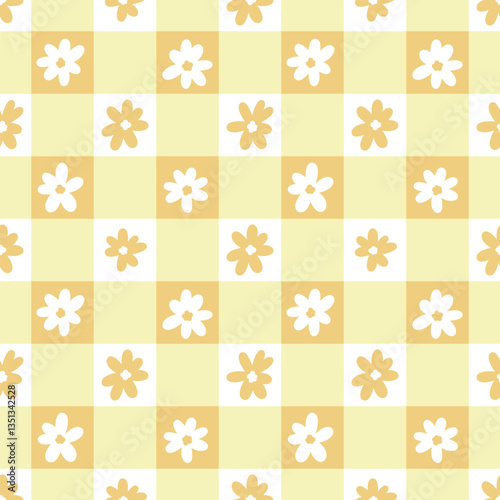 Yellow orange gingham plaid floral vector repeat pattern, seamless repeating tile design
