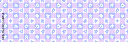 Vibrant gingham plaid seamless repeat pattern banner with daises, cute floral check vector background design