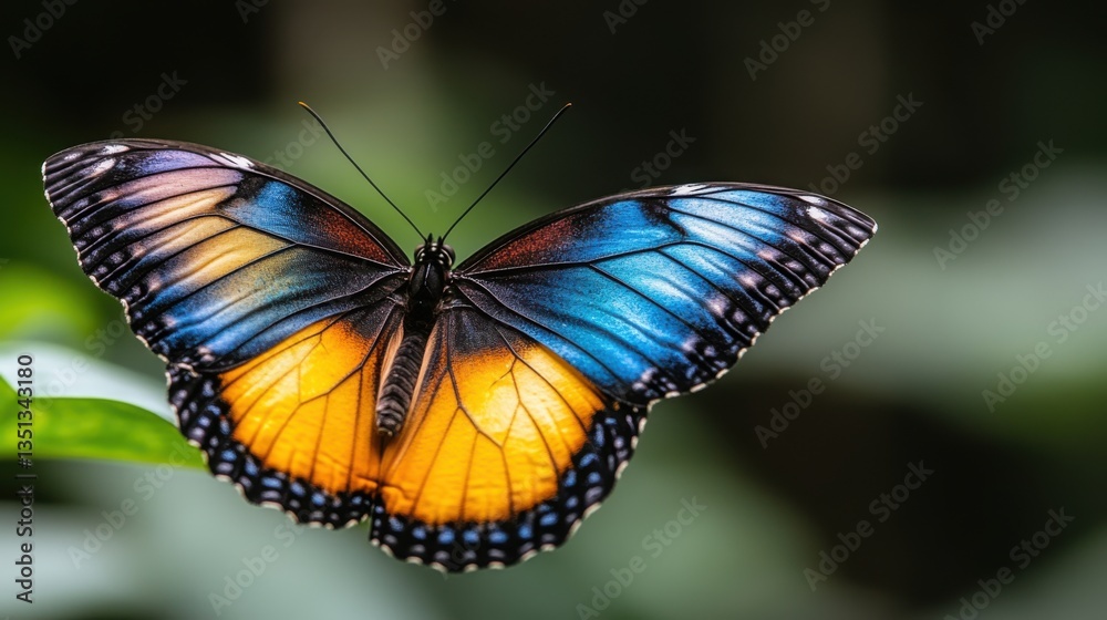 Fototapeta premium A single, intricately patterned rainbow butterfly with wings spread wide, hovering against a dark void.
