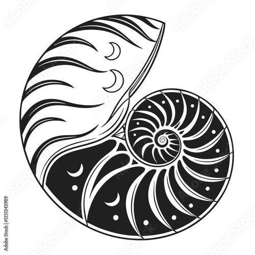 Spiral Seashell with Crescent Moon Patterns - Black and White Vector Illustration