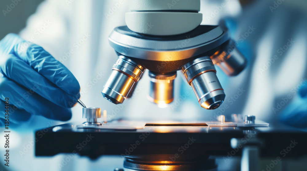 A scientist in a laboratory setting, focusing intently on a multiple lenses microscope A scientist in a laboratory setting, focusing intently on a multiple lenses microscope