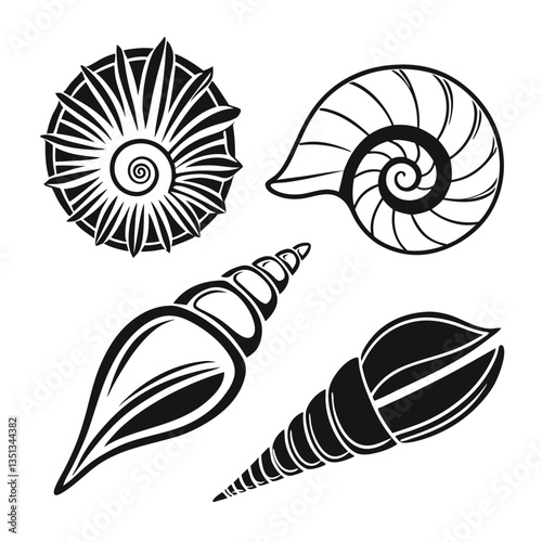 Spiral Seashell with Crescent Moon Patterns - Black and White Vector Illustration