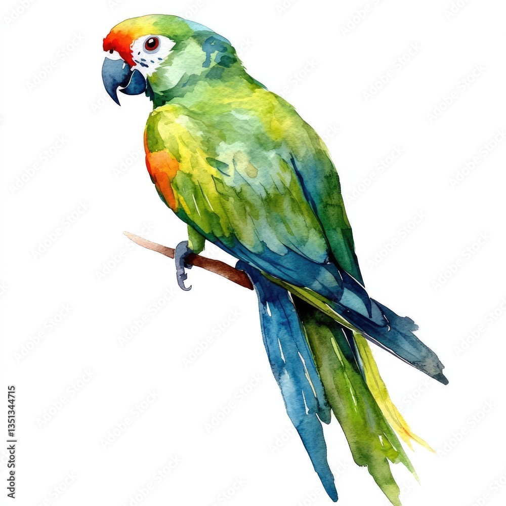 Fototapeta premium Tropical Parrot in Watercolor Style. Isolated Fine Art Bird Decoration with Vibrant Green and White Feathers
