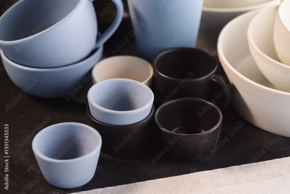 Matt ceramic handmade tableware in a workshop closeup Matt ceramic handmade tableware in a workshop closeup