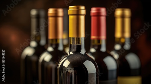 A row of wine bottles in focus, soft background blur; elegance and craftsmanship in every detail.
