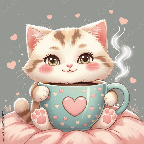 Fluffy cat in a heart-themed mug – cozy and cute
