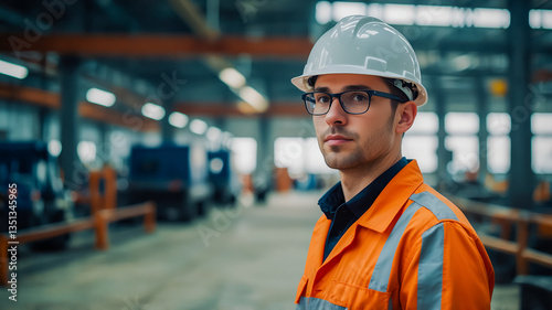 Male engineer wearing hard hat for safety working in industrial factory. Background is modern industrial factory.