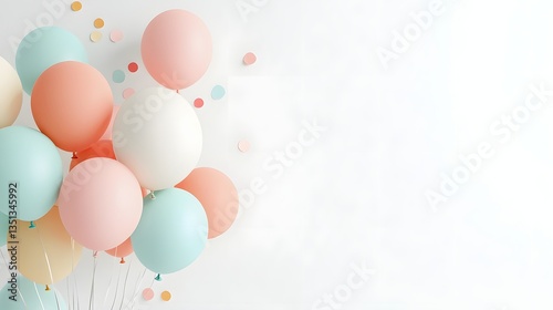 Vibrant and playful party balloons and colorful streamers floating on a plain minimalist background creating a festive atmosphere perfect for a birthday or other joyful event