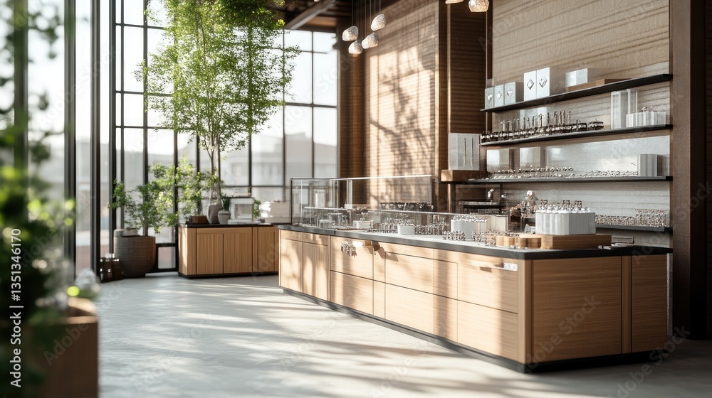 custom made wallpaper toronto digitalModern, bright cafe with large windows, showcasing natural light and greenery.  Open-plan design, featuring wooden cabinetry and displays