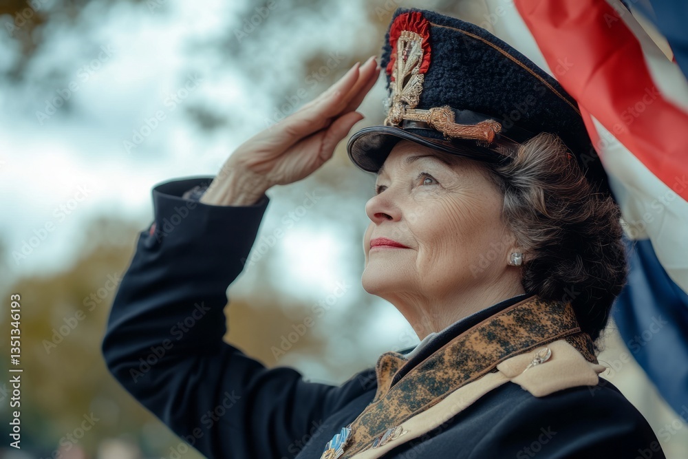 A senior French woman dressed in traditional French military uniform, saluting at a memorial site with the French flag draped in the background.Senior patriotic woman,elderly patriot. A senior French woman dressed in traditional French military uniform, saluting at a memorial site with the French flag draped in the background.Senior patriotic woman,elderly patriot.