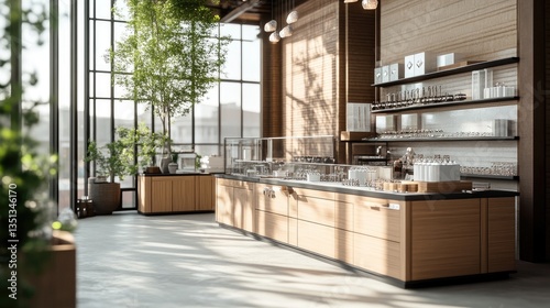 Wallpaper Mural Modern, bright cafe with large windows, showcasing natural light and greenery.  Open-plan design, featuring wooden cabinetry and displays Torontodigital.ca