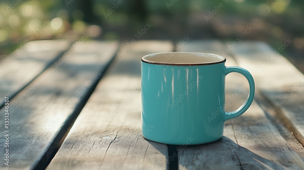 Turquoise mug on rustic wooden table with blurred greenery background, concept for cafe, coffee shop, and morning routine Turquoise mug on rustic wooden table with blurred greenery background, concept for cafe, coffee shop, and morning routine