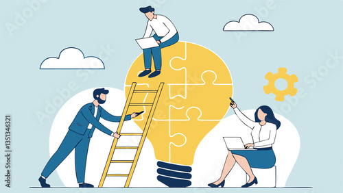 Teamwork and collaboration in business innovation, as professionals assemble a giant lightbulb puzzle, symbolizing creativity, problem-solving, strategy, and startup success 