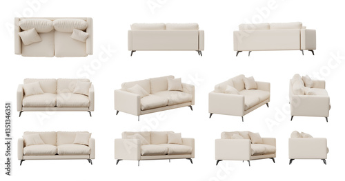 White Sofa with pillows from different angle isolated on transparent background, 3d rendered illustration