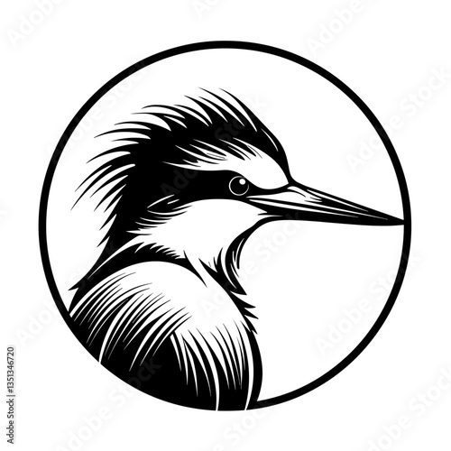 Detailed black and white illustration of a kingfisher head, perfect for graphic design and artistic projects.