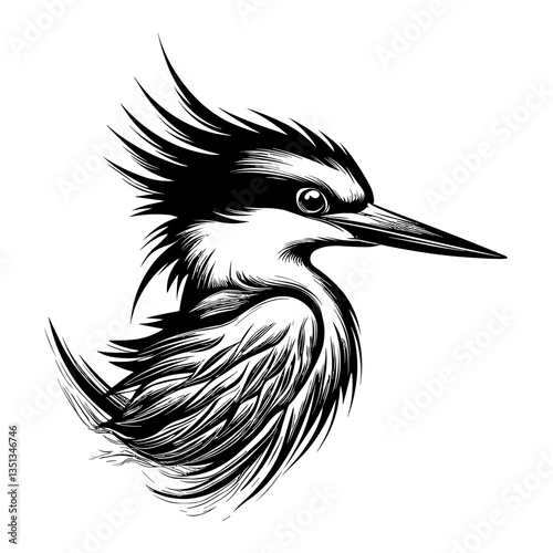 Detailed black and white illustration of a kingfisher head, perfect for graphic design and artistic projects.