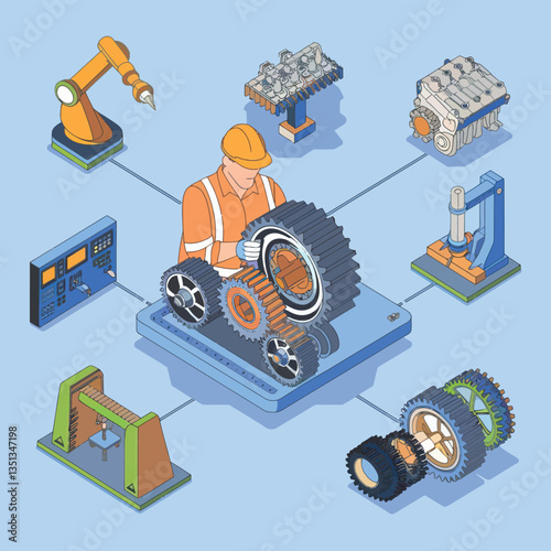 2d vector illustration colorful machine , worker and Industry and its development technology, factories and production lines icon

