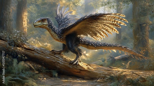 Striking Caudipteryx perched fallen log delicate feathered wings shimmering morning light The prehistoric forest is alive with sounds of distant creatures adding to the mystery of the ancient world