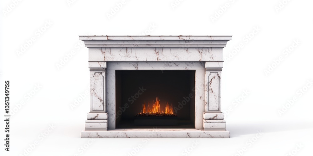 Fototapeta premium Cozy Hearth and Home: A detailed shot of a classic fireplace, complete with realistic flames, evokes warmth and comfort, ideal for interior design, home decor, and seasonal themes.