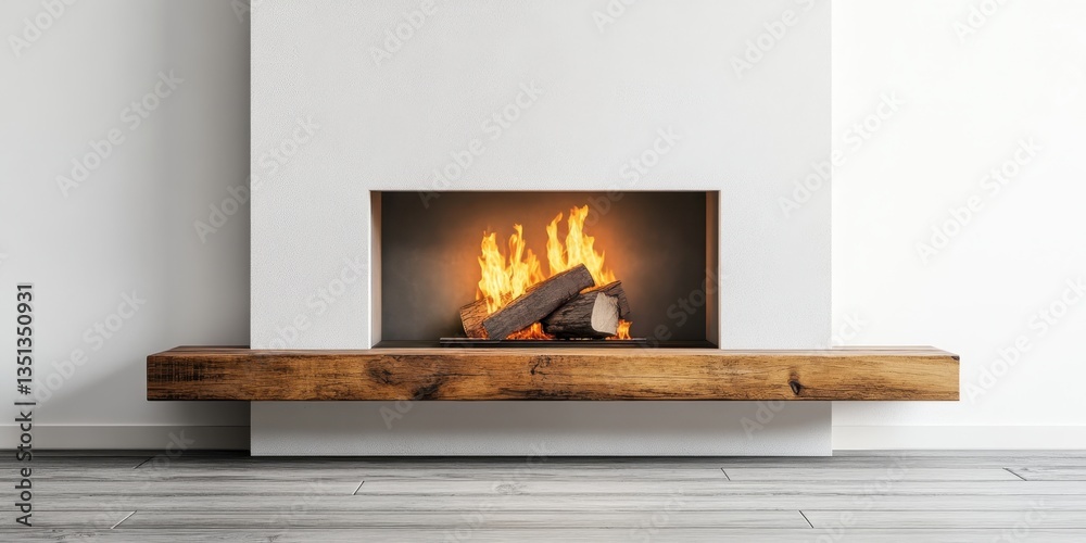 Fototapeta premium Cozy Fireplace: A modern fireplace with a crackling fire, wood mantel, and a minimalist design, radiating warmth, comfort, and a sense of relaxation.
