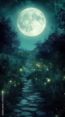A stone path leading to the large full moon in the night