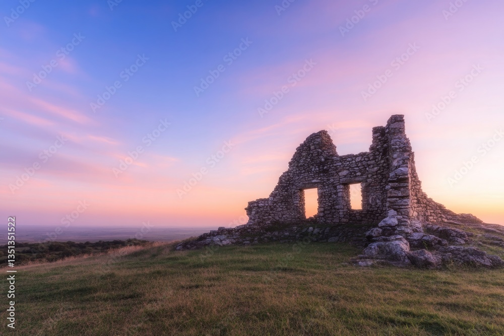 capture serene majesty of ancient ruin at sunrise its weathered stones set against vibrant hues of dawn