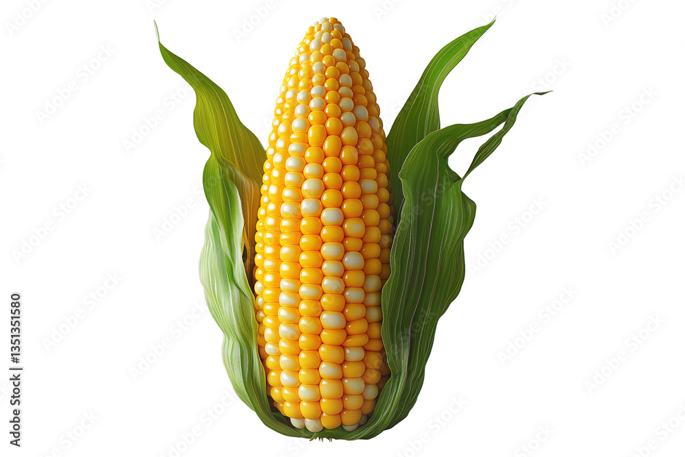 Obraz premium Corn cob with green leaves, isolated on white transparent background, concept of agriculture and healthy food.