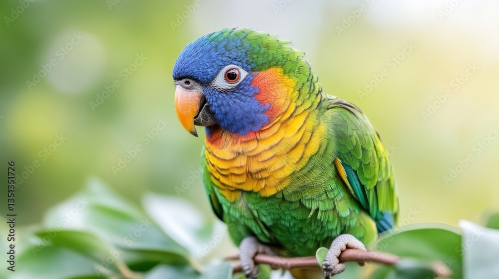 Vibrant parrot perched on a branch. Close-up view of colorful plumage Vibrant parrot perched on a branch. Close-up view of colorful plumage