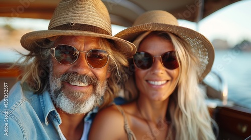 portrait of smiling happy caucasian couple mature man with beard 50 years old and his young woman in sunglasses being on summer vacation at sea