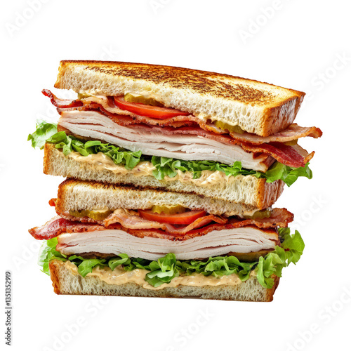 Classic club sandwich stacked with turkey, bacon, lettuce, and tomato, neatly cut in halves, isolated on white