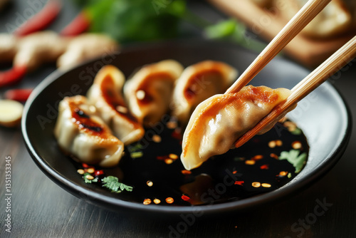 Chopsticks holding dumpling over soy sauce with spices. Authentic Asian cuisine and traditional dumpling dish.    