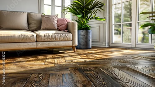 Sunlit Herringbone Hardwood Floor in Elegant Living Room