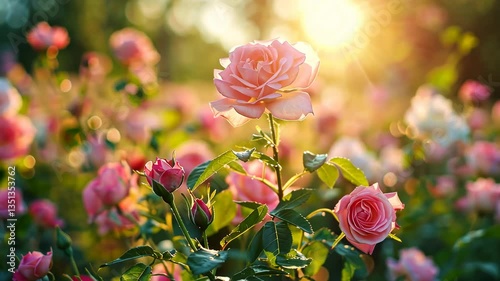 Sunlit Rose Garden: A Symphony of Pink and Gold