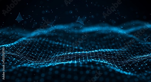 A blue network with dots and lines forming a wave like structure on a dark blue background with triangles