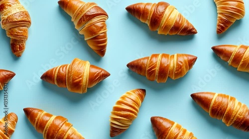 A Delightful Pattern of Golden Brown Croissants on a Pastel Blue Background