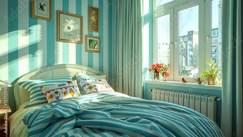 Sunlit Serenity: A Teal and White Striped Bedroom Haven