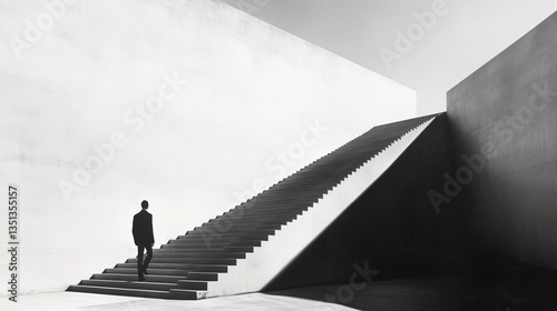 A staircase leading to nowhere, suspended in an infinite white void, casting sharp geometric shadows 