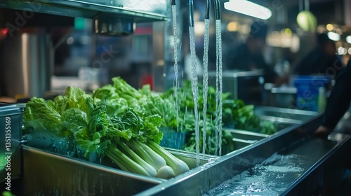 A stainless steel industrial kitchen sink in a busy restaurant, with chefs washing fresh vegetables under strong overhead lighting
