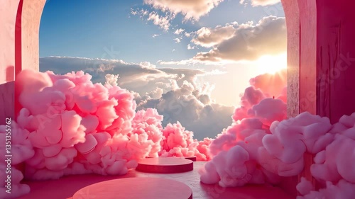 Pink Paradise: Surreal Cloudscape with Architectural Wonders