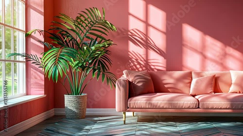 Pink Living Room Interior Design with Sunlight and Plant