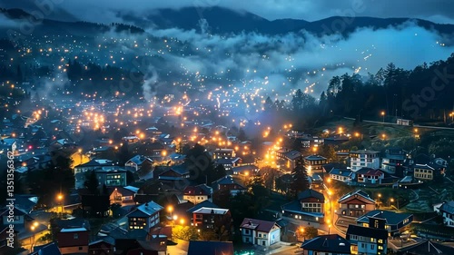 Nightfall Enchantment: A Mountain Village Illuminated