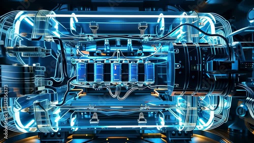 Futuristic Electric Engine: A Glimmering Blue Powerhouse