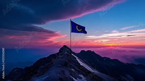 Majestic Sunset over Mountain Peak with Flag