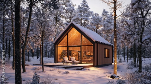 A cozy modern cabin led in a snowy winter forest glows warmly with interior lights illuminating the comfortable interior space visible through large glass at dusk.