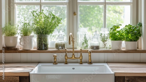 A bright and cozy farmhouse kitchen with a vintage gold faucet, a deep white sink, and an indoor herb garden filled with fresh basil, rosemary, and other aromatic plants on the windowsill
