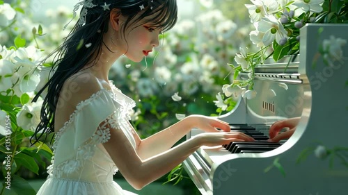 Serene Pianist in a Floral Paradise
