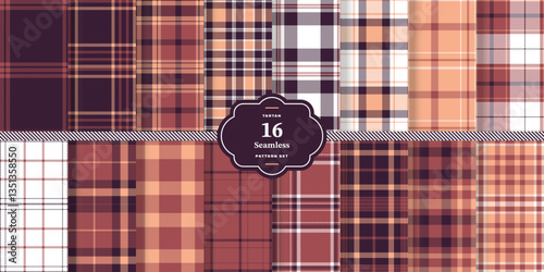 Modern Seamless Tartan featuring Midnight Charcoal and Cream Bisque Fabric Design Set of 16