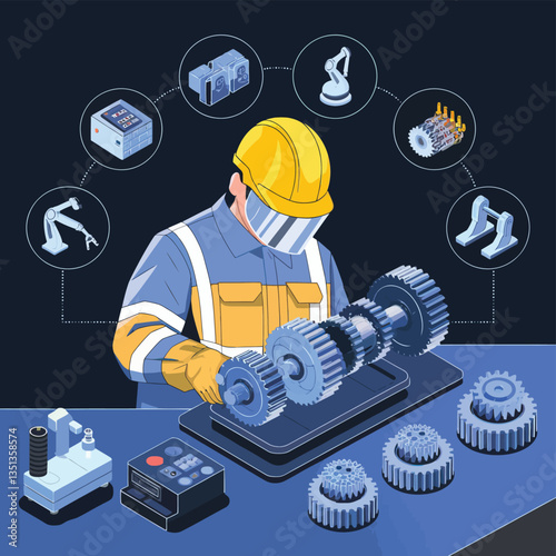 2d vector illustration colorful machine , worker and Industry and its development technology, factories and production lines icon
