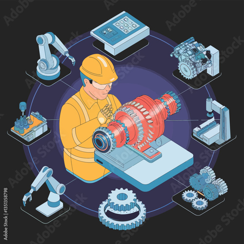 2d vector illustration colorful machine , worker and Industry and its development technology, factories and production lines icon
