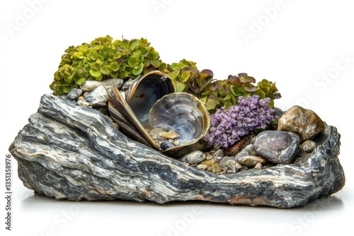 A rock featuring a clam and surrounding vegetation